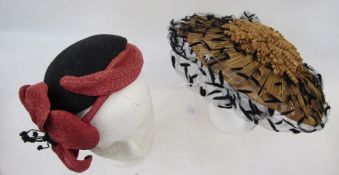 Straw and black net hat Dior-style, labelled 'Valerie Brill', a black and pink straw hat formed as a