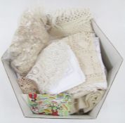 Assorted lace pieces, two woollen shawls, damask napkins etc (1 box)