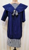1980's sailor style cotton dress navy blue with a blue and white striped 