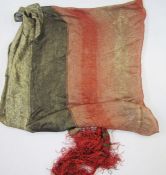 1920's/30's pink and gold lame shawl with red and black tassels on two corners, a small