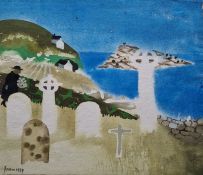 Mary Fedden OBE (1915-2012)  Watercolour drawing  Churchyard by the sea, figures walking amongst