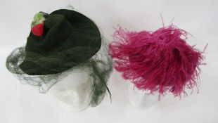 Six various hats, all labelled 'Saks 5th Avenue' to include a purple velvet hat decorated with