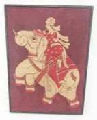 Collection of framed Indian Batiks, one with an elephant, another with rider on an elephant on a red