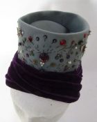Five mid-20th century hats from 1940's and 50's, a blue felt and velvet turban-style hat embellished