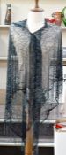 1920's shawl, black net embroidered with midnight blue beads, a beaded fringe