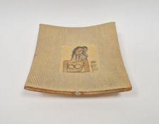 Studio pottery concave square dish with female nude decoration, raised on brass legs, signed EM,