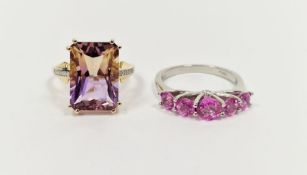 9ct gold, pale amethyst-coloured stone and white stone dress ring set large rectangular amethyst-