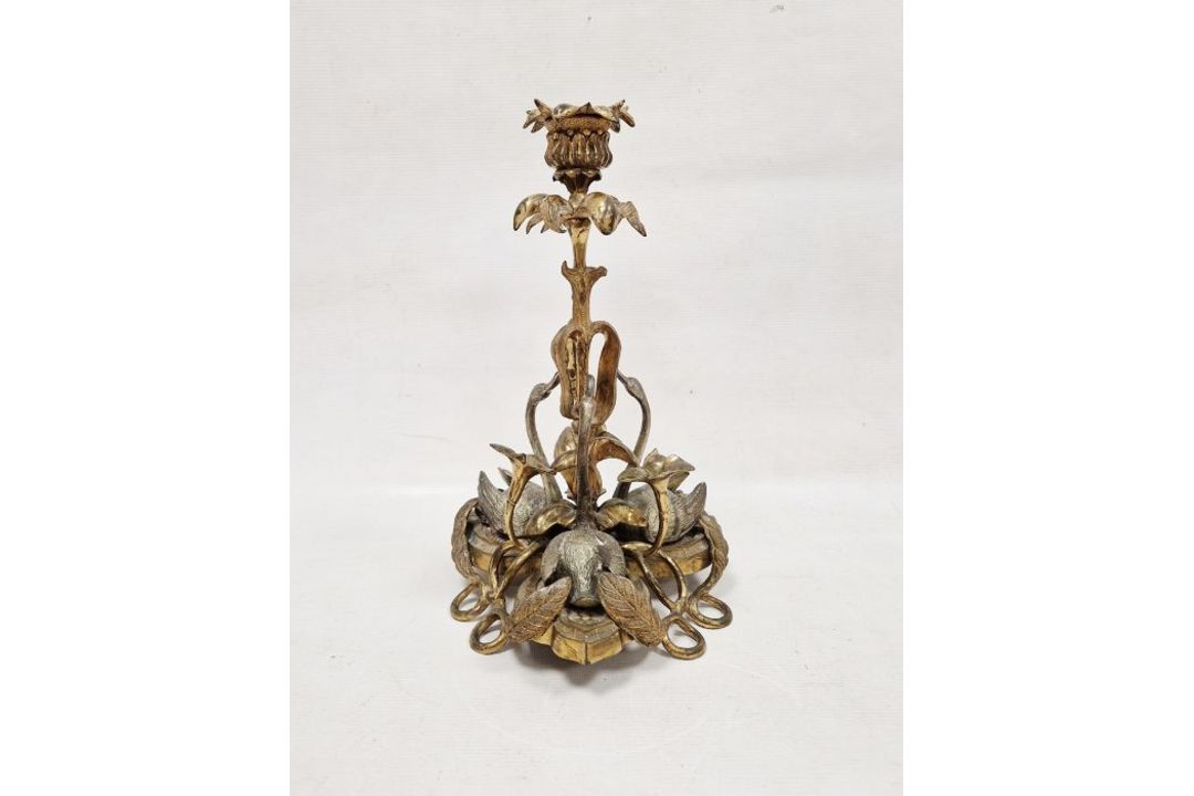Late 19th century gilt metal candlestick surmounted with three swans before a frond sconce nozzle - Image 2 of 2