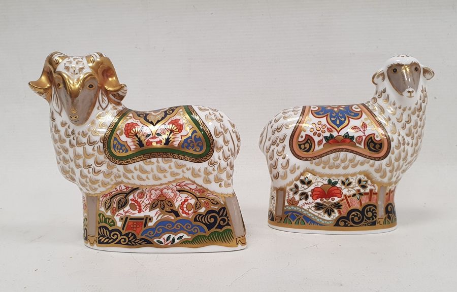 Pair of Royal Crown Derby bone china animal paperweights, modelled as the 'Imari Ram' and 'Imari