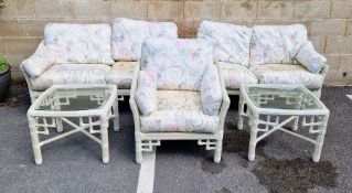 Contemporary white painted bamboo-style conservatory suite comprising two two-seater sofas, a single