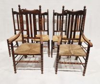 Set of six Arts & Crafts-style stained beech dining chairs (4+2) having slat backs, reel turned
