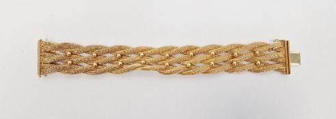 18ct gold woven mesh bracelet of three double plaited strands applied with small spheres