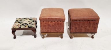 Pair of leatherette upholstered footstools of square form, each with riveted decoration, raised on