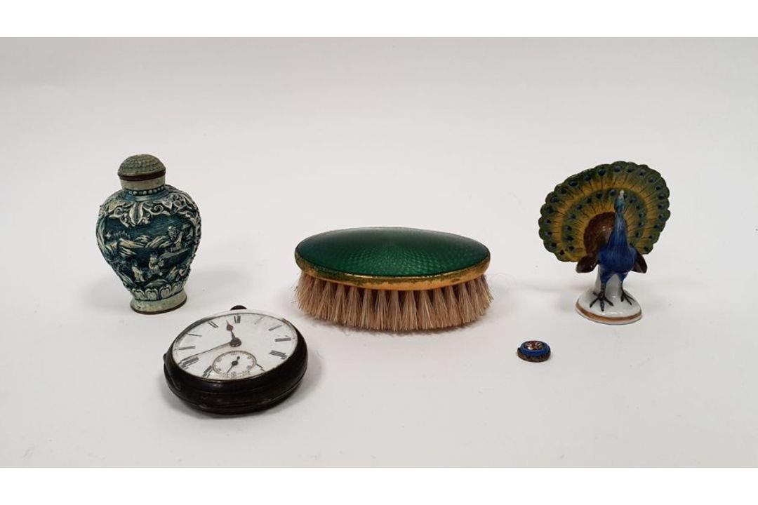 Silver pocket watch with subsidiary seconds dial, key winding, an enamelled small hairbrush, a - Image 1 of 7