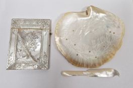 Mother-of-pearl card case, bird and floral decorated and a pearlescent butter dish made from a
