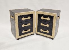 Pair of modern faux-crocodile skin mounted bedside chests of drawers each having three short drawers