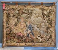 Modern machine made hanging tapestry showing a young man kneeling before a young woman, with a