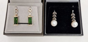 Pair 18ct white gold, pearl and grey stone drop earrings with foliate decoration and a pair of