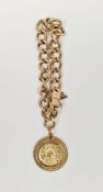 18K gold chain bracelet, curb link-pattern and having Swiss 20 Franc 1935 gold coin suspended in 18K