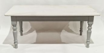 Large white and grey painted dining table of rectangular form raised on turned legs, 75cm high x