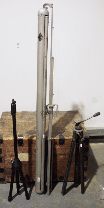 Vintage projector screen, camera tripod and folding microphone stand (3)