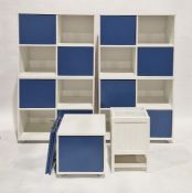 Pair of contemporary blue and white storage display cubes, a white painted magazine rack and a small