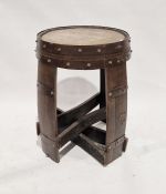 Coopered oak barrel adapted into a bar table, 77cm high x 60cm diameter