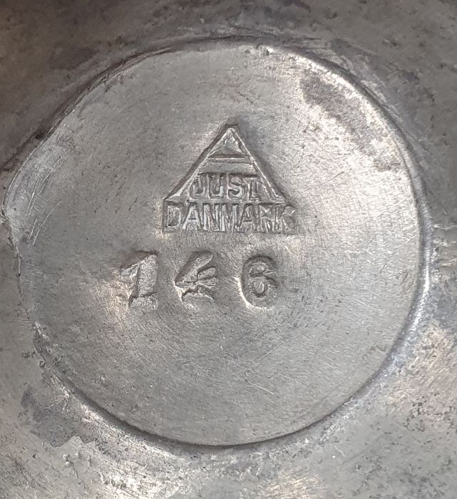 Black and brass inkstand, circular with hinged cover and a Danish pewter small oil lamp in the - Image 3 of 4