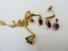 Pair 9ct gold, pink and white stone drop earrings set oval pink stone and three small white