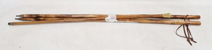 Victorian yellow metal-mounted walking cane engraved with scrolls and strapwork, 94.5cm and two