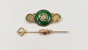 Oriental gold-coloured metal and jade brooch and a 14k and seedpearl stickpin (2)