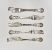 Victorian matched set of five silver kings pattern dinner forks, the earliest being hallmarked