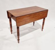 Victorian mahogany drop-leaf Pembroke table with frieze drawer, on turned baluster legs, 97cm wide x