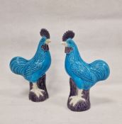 Pair of modern Chinese Export-style models of cockerels, decorated in the Kangxi-style, enriched