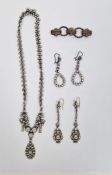 Antique paste necklace with ribbon design and pear-shaped drop, two pairs of antique paste set