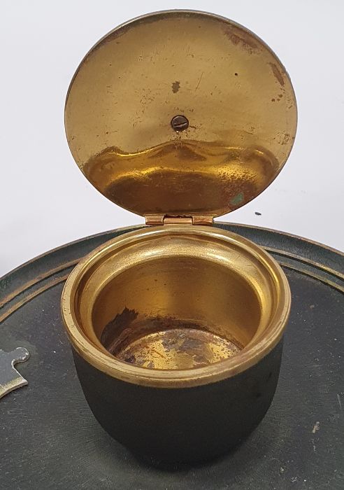 Black and brass inkstand, circular with hinged cover and a Danish pewter small oil lamp in the - Image 4 of 4