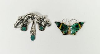 David Andersen, Norway sterling and enamel butterfly brooch and 830 metal and green stone brooch,