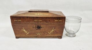 Mahogany sarcophagus-shaped tea caddy with brass inlays and banding, incomplete interior with mixing