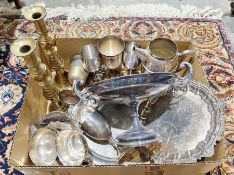 Assorted silver plated ware to include a platter, sweetmeat dish, comport, hot water jug, pair of