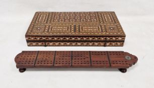 Middle Eastern intricately inlaid folding backgammon board, 50cm x 25cm x 18cm folded and an unusual