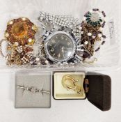 Silver oval link chain, antique brass double-albert, diamante and other costume jewellery