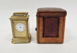 Miniature brass five-glass carriage clock, white circular enamel dial (no hands) in textured brass