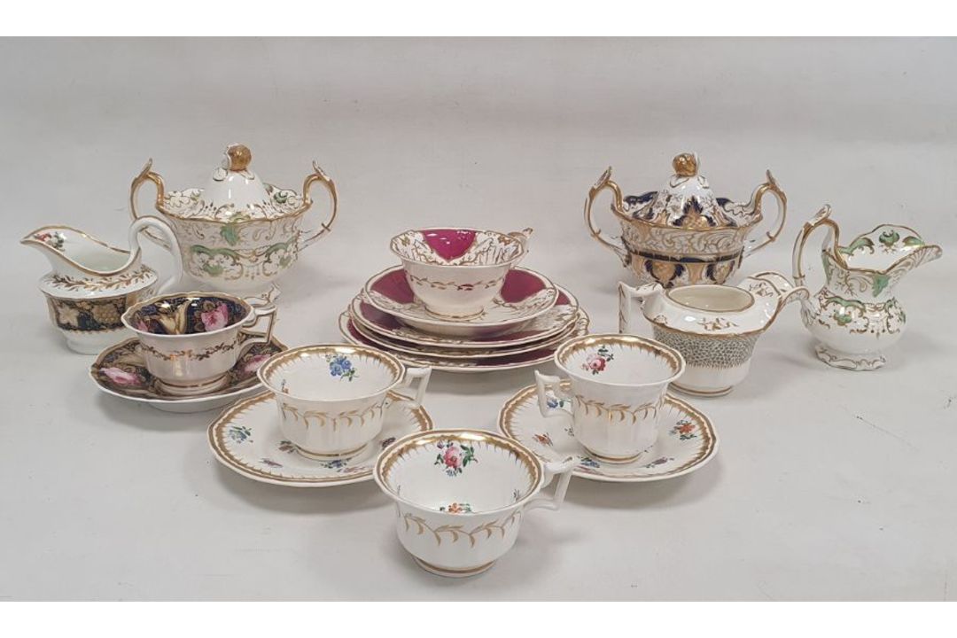 Group of 19th century Rockingham-style teawares including a blue and gilt two-handled sugar bowl and - Image 1 of 7