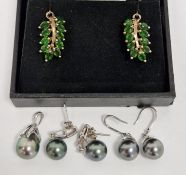 9ct gold, dark grey pearl and white stone pendant, a similar pair of drop earrings set with white