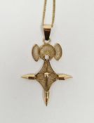 14K gold fine chain necklace and gold-coloured metal filigree cross pendant, gross weight 12.5g