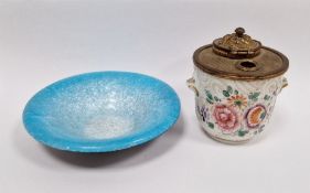 Gilt metal mounted Limoges porcelain inkwell with hinged cover, pair gilt handles, stylised floral