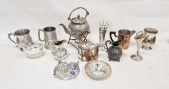Assorted silver-plated items to include a weighted posy vase with engraved initials, a pewter