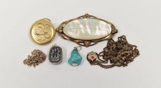 Antique guard chain with sliding stopper set with paste stones, a turquoise pendant with gold-