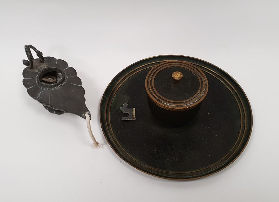 Black and brass inkstand, circular with hinged cover and a Danish pewter small oil lamp in the - Image 2 of 4