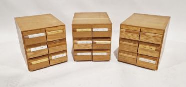 Set of three oak card index filing cabinets, each with six drawers, 35cm high x 35cm wide x 43cm